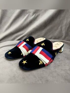 Gucci Black Velvet Embroidered Bee & Star Slip-On Mules with Red-White-Blue Web